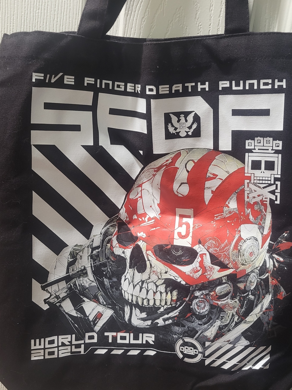 Five Finger Death Punch World Tour Graphic Tote - Black with Red & White Skull